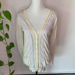 Anthropologie Field Flower Striped Borders Boyfriend Cardigan Sweater Size M